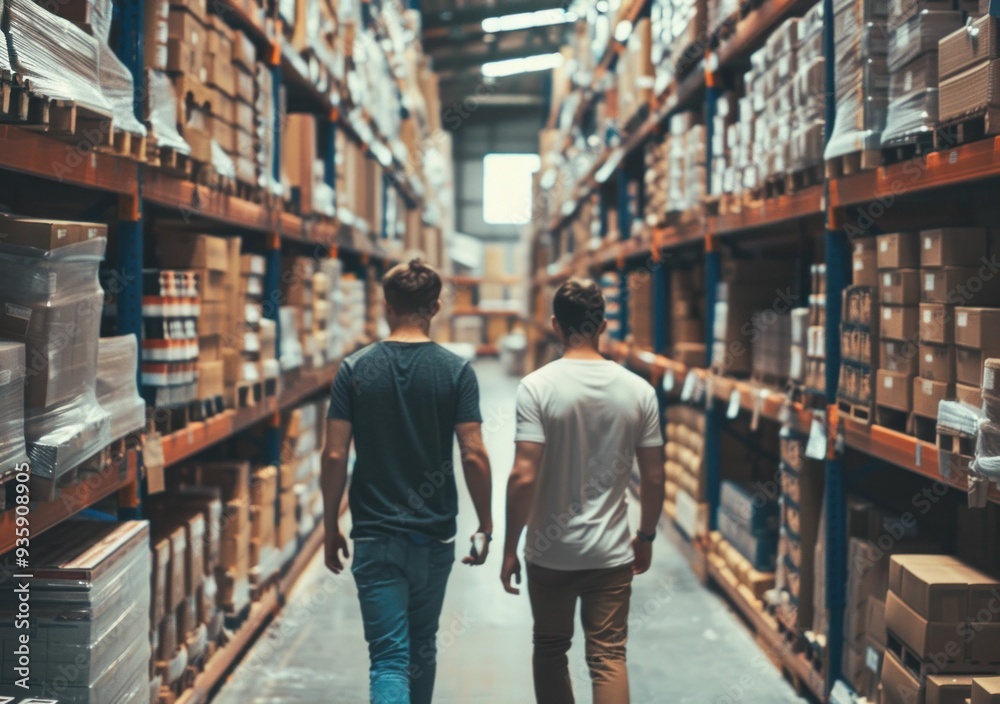 Two men walking through a warehouse aisle lined with shelves of neatly stacked boxes and packages Two men walking through a warehouse aisle lined with shelves of neatly stacked boxes and packages