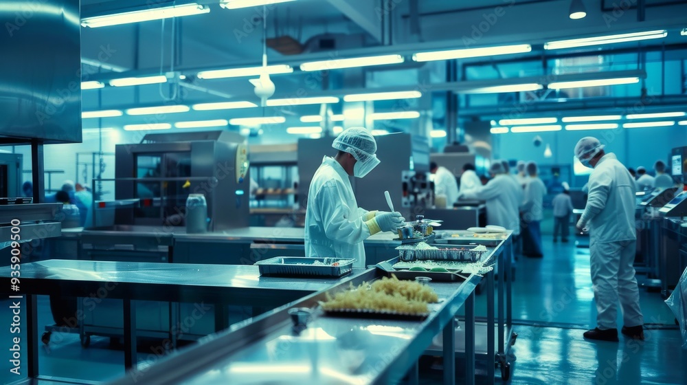 Technicians in sterile suits conduct delicate tasks in a state-of-the-art food processing facility, ensuring cleanliness and precision. Technicians in sterile suits conduct delicate tasks in a state-of-the-art food processing facility, ensuring cleanliness and precision.