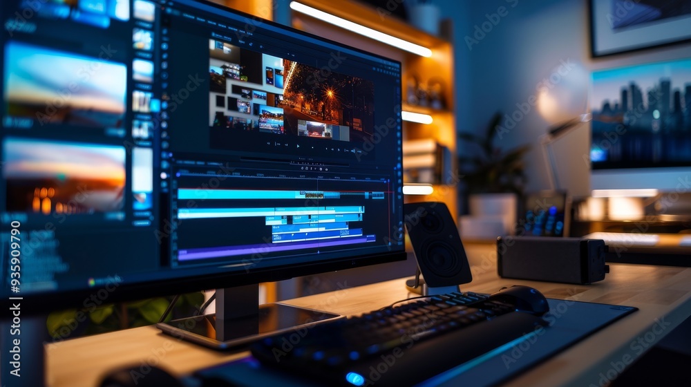 A cozy, well-organized video editing workspace with a large monitor displaying a video editing timeline, surrounded by warm ambient lighting.