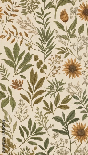 Organic Earthy Tones with Hand-Drawn Botanical Illustrations for Cozy Wallpaper Designs. Ai generated images