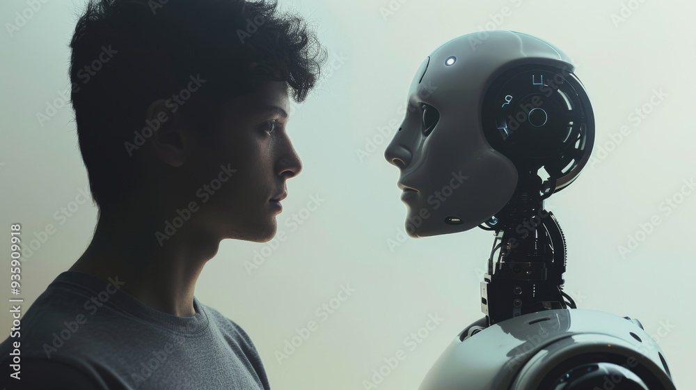 A young man stares intently at a futuristic robot with human-like features, highlighting the tension between human and artificial forms. A young man stares intently at a futuristic robot with human-like features, highlighting the tension between human and artificial forms.