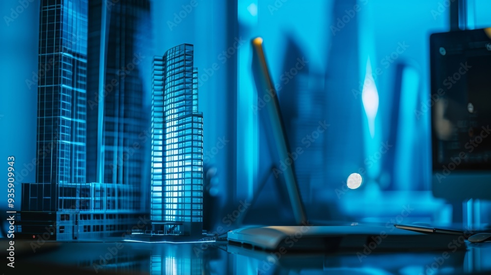 A modern workspace with mini architectural models of skyscrapers on a desk, bathed in cool blue tones, exuding innovative and professional vibes. A modern workspace with mini architectural models of skyscrapers on a desk, bathed in cool blue tones, exuding innovative and professional vibes.