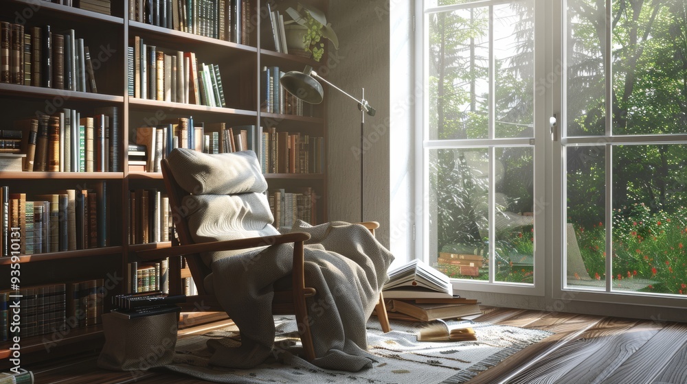 A cozy reading nook with a cushioned armchair, blanket, and bookshelf bathed in soft sunlight, offering a tranquil escape into literary adventures.