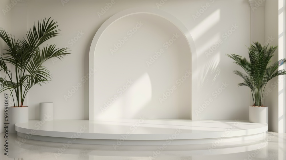 A spacious podium with glossy white surfaces and minimalistic decorations A spacious podium with glossy white surfaces and minimalistic decorations