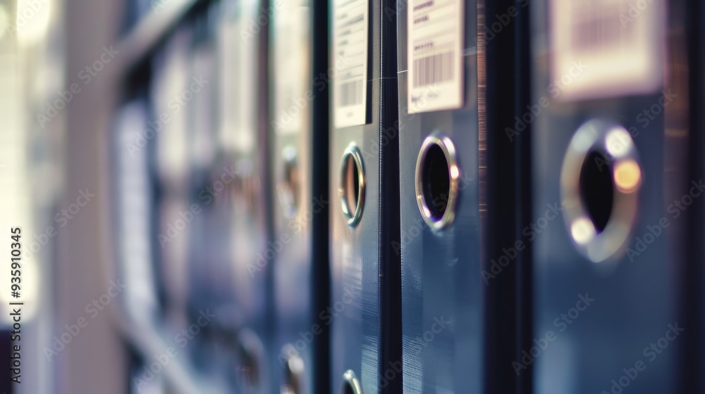 Row of black office binders with labels, blurred background, highlighting organization and efficiency in a professional office setting. Row of black office binders with labels, blurred background, highlighting organization and efficiency in a professional office setting.