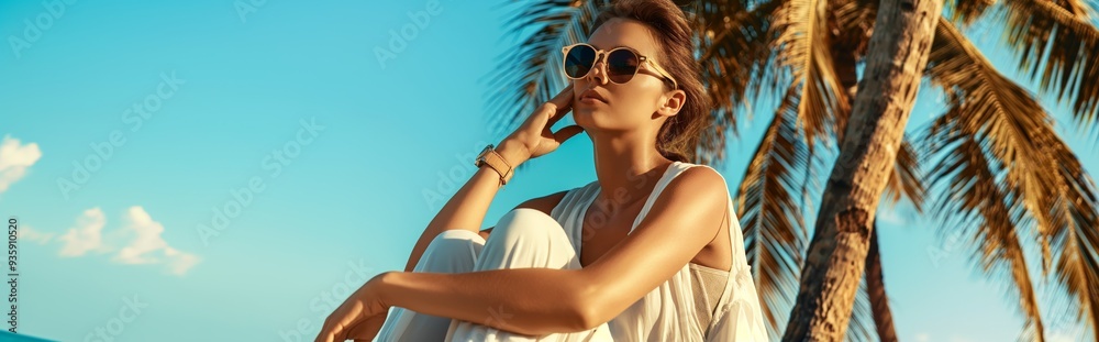 A young woman in casual summer clothes and sunglasses is relaxing on the beach