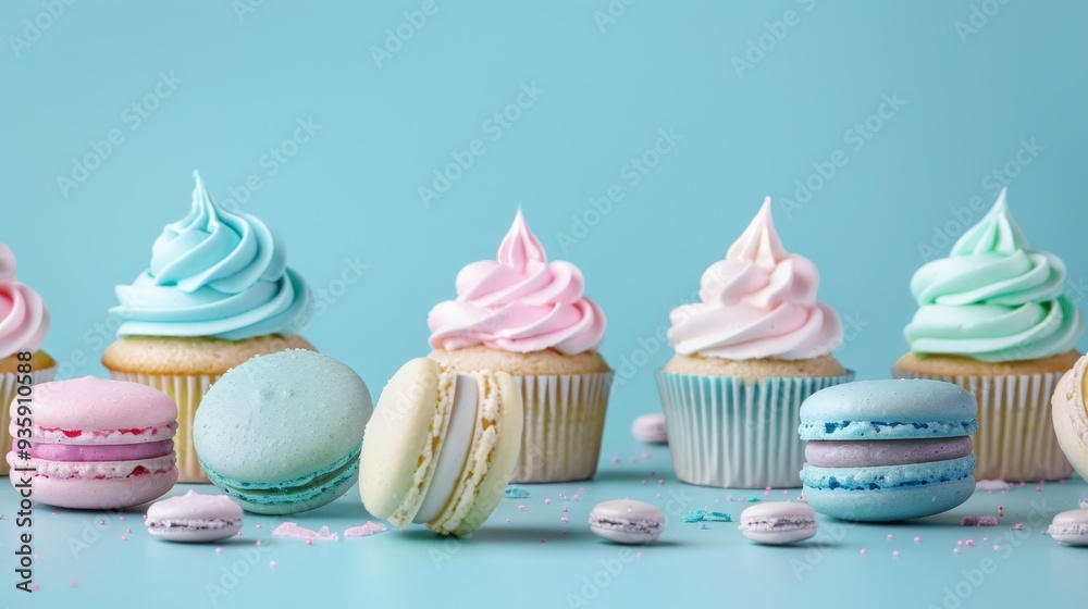 Pastel Cupcakes and Macarons on Blue Background. Pastel Cupcakes and Macarons on Blue Background.