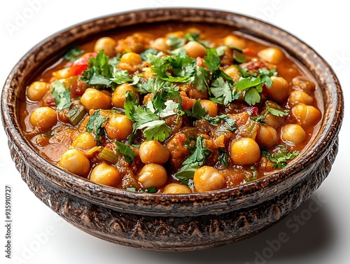 Mouthwatering Indian Chana Masala in a Brown Ceramic Bowl, Traditional Spiced Chickpea Delicacy, Perfect for Cultural Food Photography and Recipe Blogs.