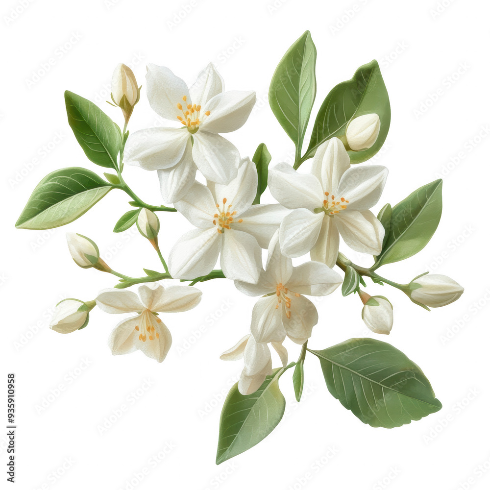 A beautiful arrangement of white jasmine flowers with lush green leaves, symbolizing purity and elegance in nature. A beautiful arrangement of white jasmine flowers with lush green leaves, symbolizing purity and elegance in nature.