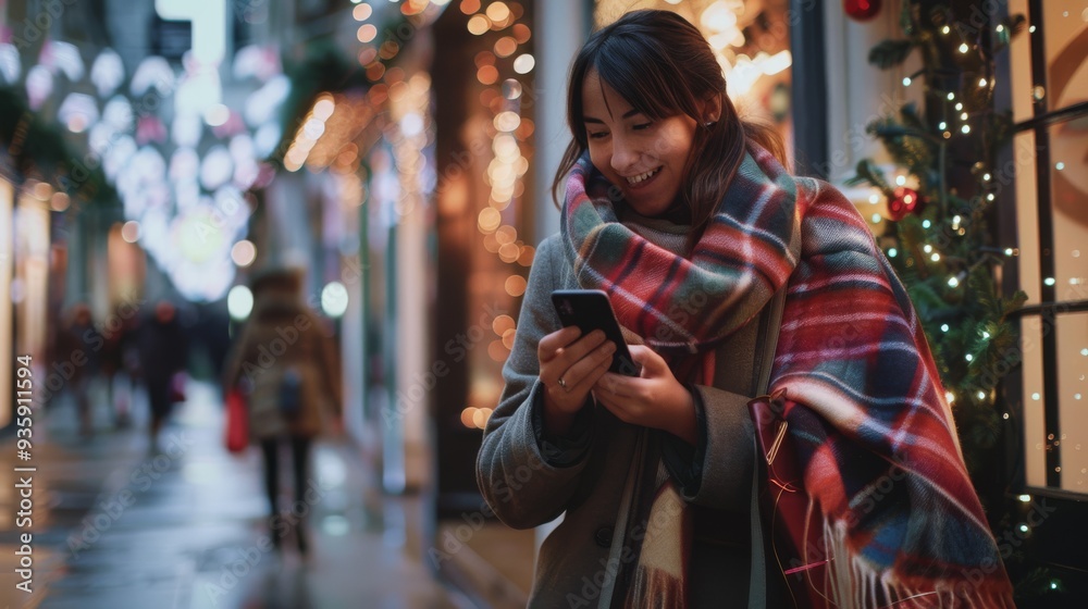 A woman wrapped in a cozy scarf, joyfully checking her phone, on a festive street adorned with holiday lights and decorations. A woman wrapped in a cozy scarf, joyfully checking her phone, on a festive street adorned with holiday lights and decorations.