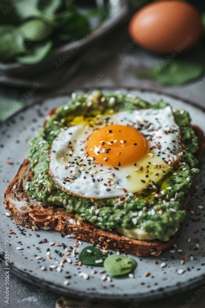 Delicious avocado toast topped with a sunny-side-up egg and sprinkled with sesame seeds, served on a rustic plate during a cozy breakfast Delicious avocado toast topped with a sunny-side-up egg and sprinkled with sesame seeds, served on a rustic plate during a cozy breakfast