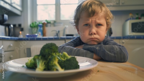 A young boy with a comically exaggerated frown sits at a table, reluctant to eat a plate of broccoli in front of him.