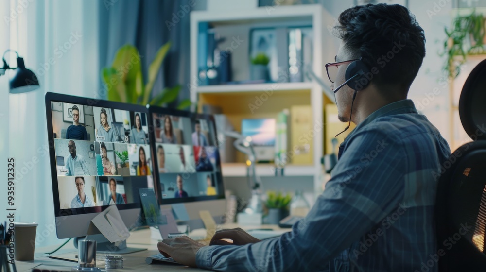 Individual participating in a large video conference call, multiple faces appear on the screen in a home office setup. Individual participating in a large video conference call, multiple faces appear on the screen in a home office setup.