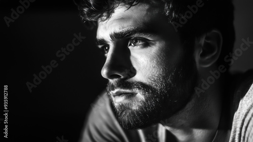 handsome man, melancholy expression, emotional portrait, sad eyes, pensive look, thoughtful pose, introspective gaze, contemplative mood