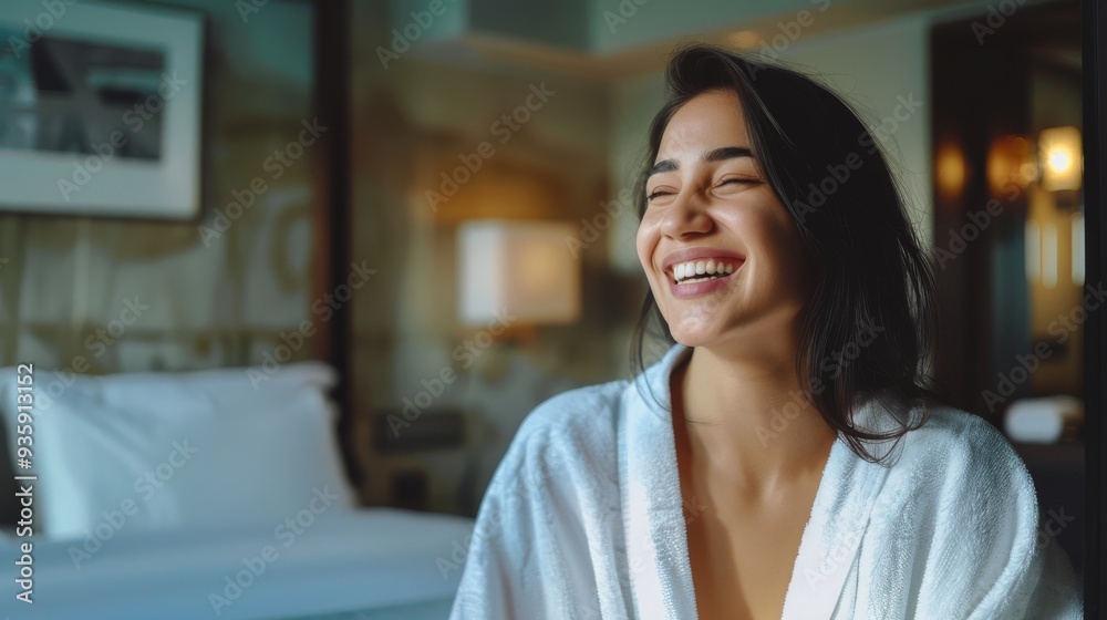 A woman wrapped in a white robe, laughing heartily in a cozy, elegant bedroom, filling the space with warmth and joy.
