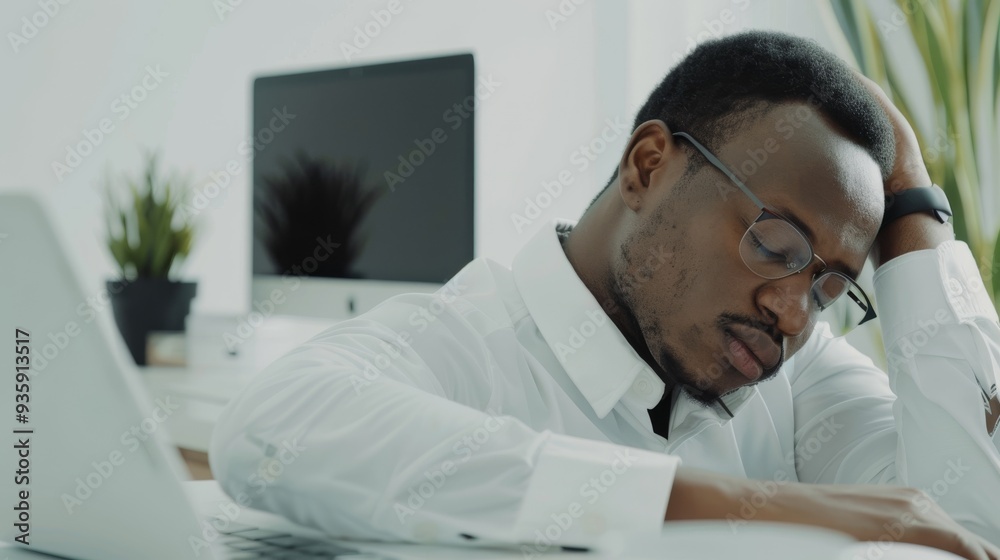 A man in a white shirt sits at his desk with a tired expression, resting his head on one hand as he tries to work, with a computer and plants in the background. A man in a white shirt sits at his desk with a tired expression, resting his head on one hand as he tries to work, with a computer and plants in the background.