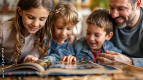 Family Photo Album: Together around the coffee table, the family explores a photo album filled with snapshots of past vacations, holidays, and key moments, reminiscing fondly.
