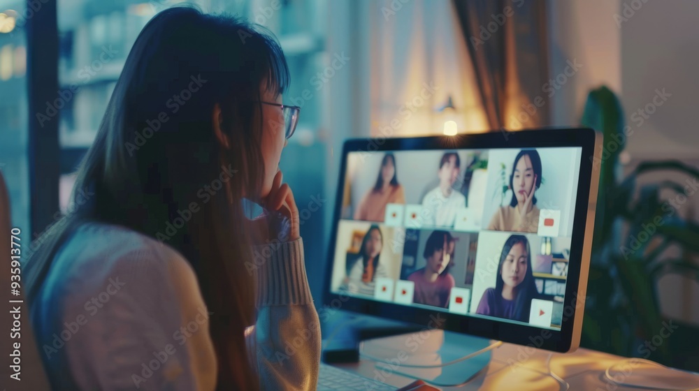 A woman wearing glasses engages in a virtual meeting, attentively viewing a screen displaying several participants in individual video call windows. A woman wearing glasses engages in a virtual meeting, attentively viewing a screen displaying several participants in individual video call windows.