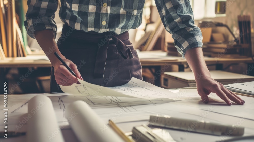 An architect meticulously reviews blueprints at a drafting table, showcasing the intense focus, precision, and creative process involved in designing structures.