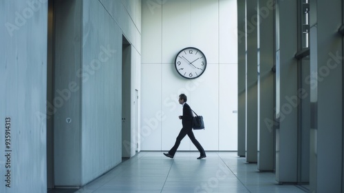 Businessman walking briskly in a modern hallway with a large clock, symbolizing the urgency and pace of corporate life.
