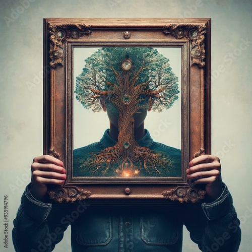 Person, die einen Rahmen über ihr Gesicht hält, mit einem Bild eines Baumes im Rahmen