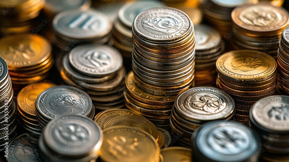 Close-up of stacks of coins, gold and silver currency. Close-up of stacks of coins, gold and silver currency.