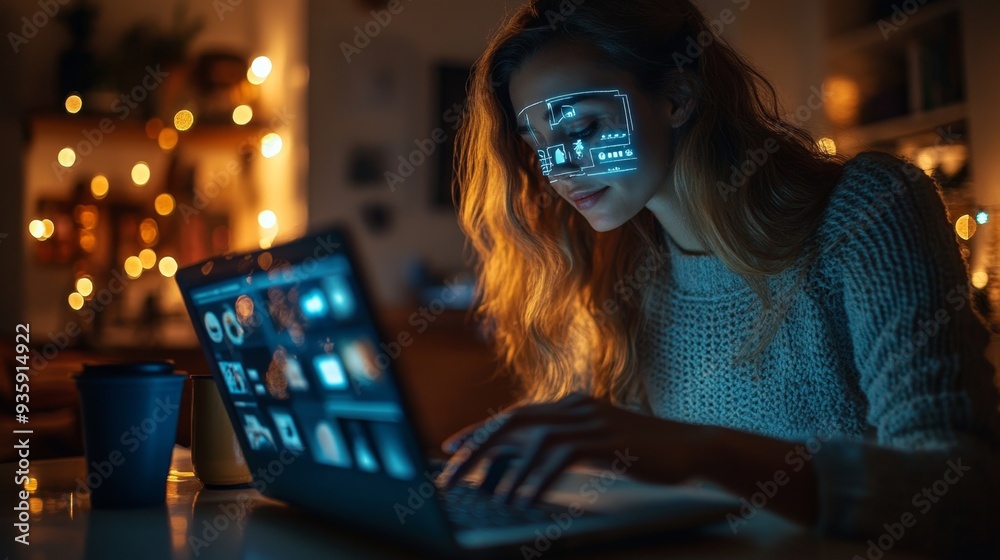 Woman Using Laptop with HUD.