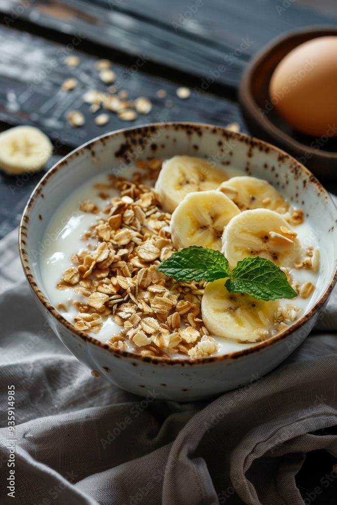 Delicious bowl of yogurt topped with oats, banana slices, and mint on a rustic table with a side of egg