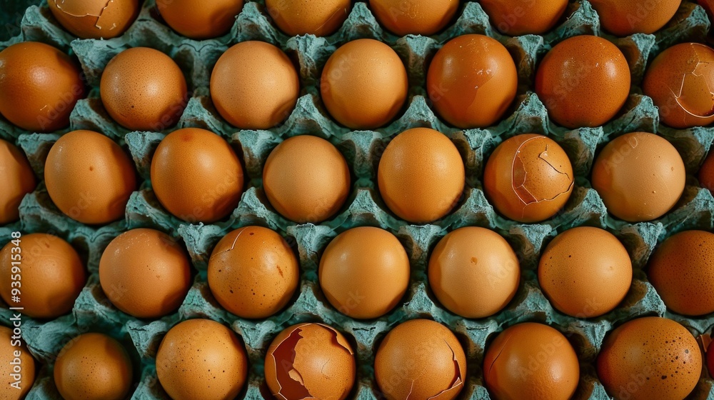 A close-up view of neatly arranged brown eggs in cardboard packaging, showcasing some intact eggs and a few with cracks, ready for distribution A close-up view of neatly arranged brown eggs in cardboard packaging, showcasing some intact eggs and a few with cracks, ready for distribution