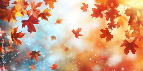 Autumn background with maple leaves, blurred background, autumn weather concept. Advertising banner.