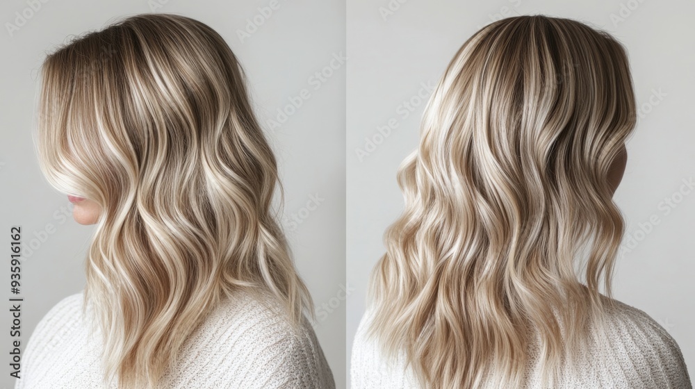 Fototapeta premium A woman is displaying her beautiful wavy blonde hairstyle, highlighted by soft, cascading layers and a natural finish.