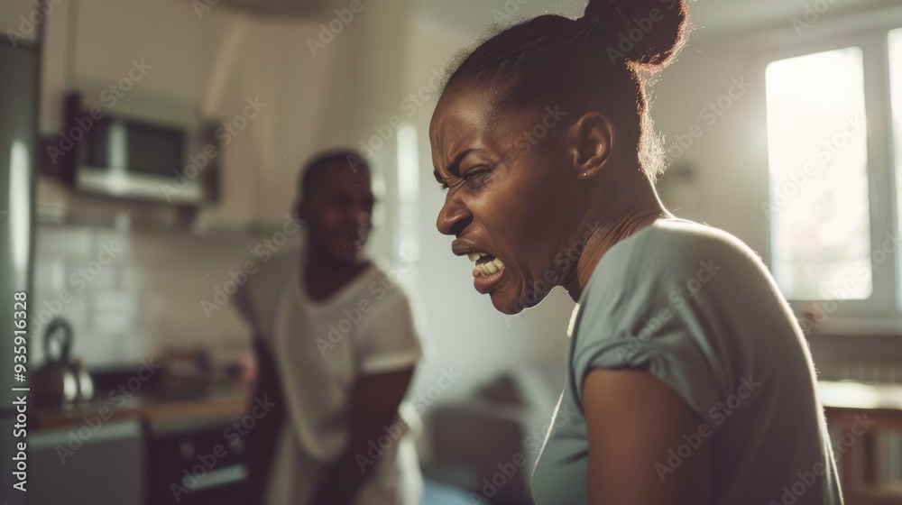 A woman in a kitchen, expressing anger, while a man stands in the background, indicating an intense argument or confrontation. A woman in a kitchen, expressing anger, while a man stands in the background, indicating an intense argument or confrontation.