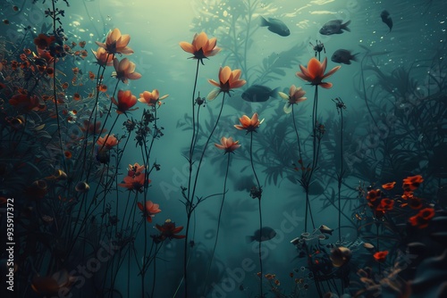 Moody Autumnal Flowers: Dark Underwater Scene with Fish and Coral Reef photo