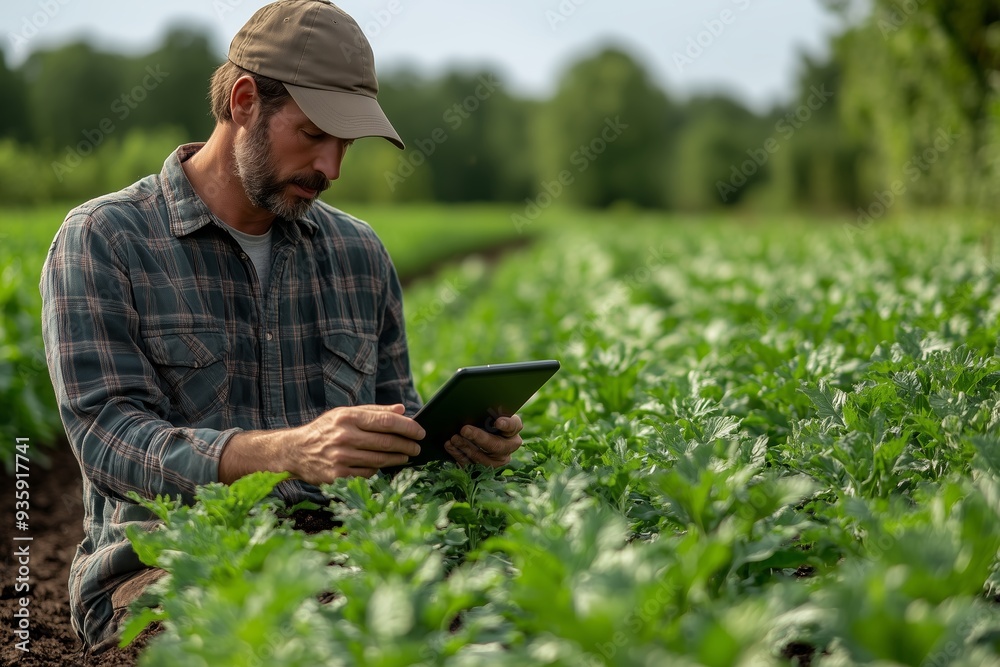 Farmer using a tablet in a lush green vegetable field during daylight Farmer using a tablet in a lush green vegetable field during daylight