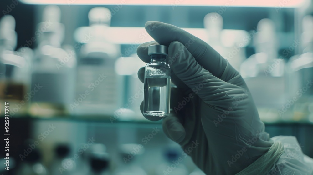 A gloved hand holds a small glass vial, highlighted against a blurred shelf of laboratory bottles, suggesting scientific precision and careful handling. A gloved hand holds a small glass vial, highlighted against a blurred shelf of laboratory bottles, suggesting scientific precision and careful handling.