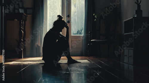 A person sitting alone in a dark room, shadows enveloping them, head in hands, capturing deep sadness and isolation. People depression mental problem sadness concept. photo