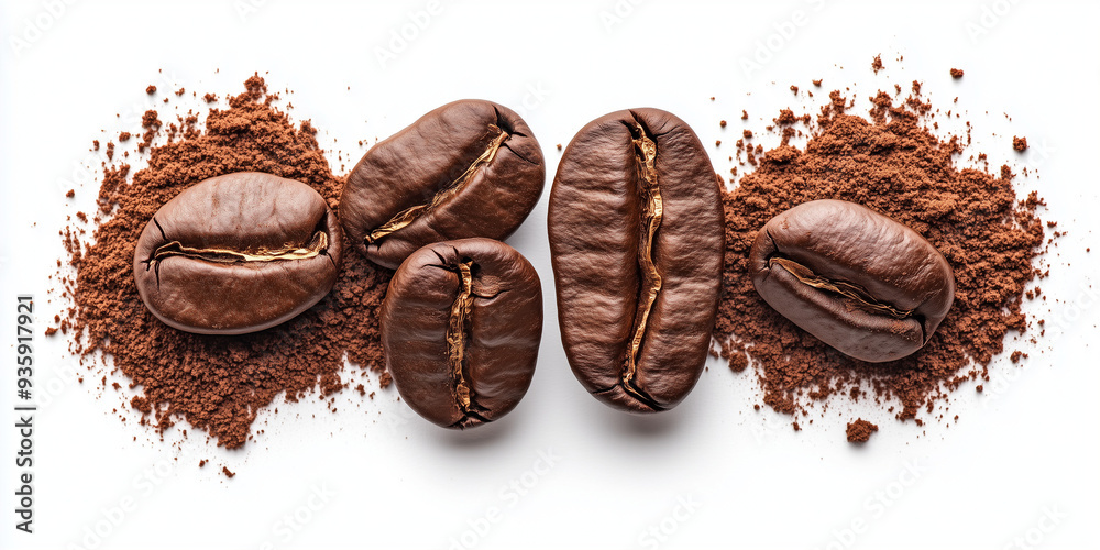 Naklejka premium Chicchi di caffè con caffè macinato su sfondo bianco.