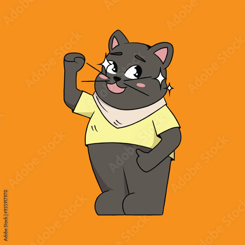 A hand-drawn cartoon of a cute, chubby cat standing proudly with a raised fist, wearing a yellow shirt and a scarf. The cat's eyes sparkle with joy and confidence, set against a vibrant orange 