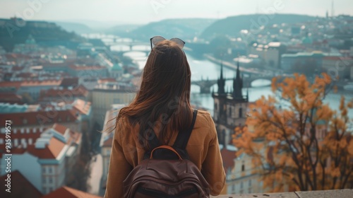 A woman with a backpack overlooks a panoramic city view, facing historic buildings and bridges under the soft autumn light, capturing an essence of wanderlust. photo