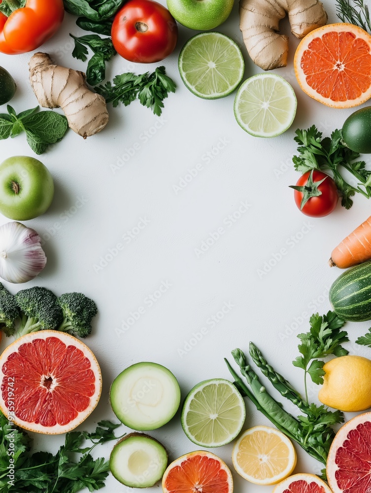 Fresh and vibrant assortment of fruits and vegetables arranged in a circular pattern on a light background. Fresh and vibrant assortment of fruits and vegetables arranged in a circular pattern on a light background.