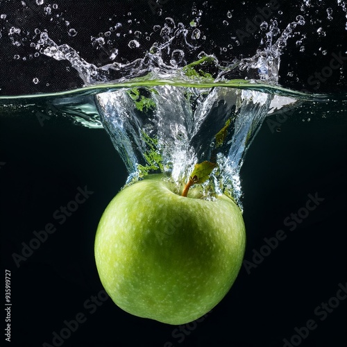 Ein grüner Apfel, der ins Wasser fällt, was ein hyperrealistisches Platschen verursacht und Blasen und Luftblasen erzeugt, Tropfen, die auf schwarzem Hintergrund spritzen
