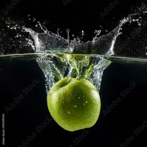 Ein grüner Apfel, der ins Wasser fällt, was ein hyperrealistisches Platschen verursacht und Blasen und Luftblasen erzeugt, Tropfen, die auf schwarzem Hintergrund spritzen