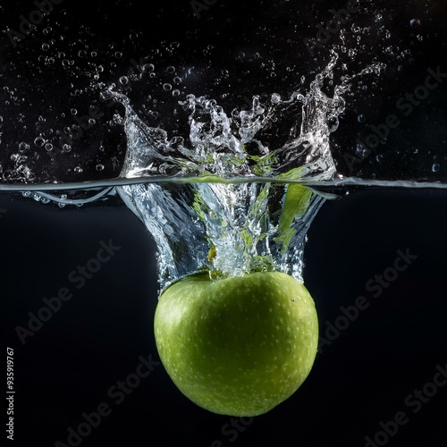 Ein grüner Apfel, der ins Wasser fällt, was ein hyperrealistisches Platschen verursacht und Blasen und Luftblasen erzeugt, Tropfen, die auf schwarzem Hintergrund spritzen