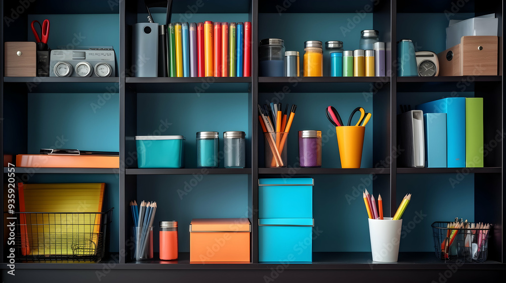 A well-organized office shelf with various stationery supplies, A well-organized office shelf with various stationery supplies,
