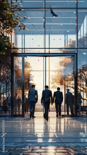 A group of business professionals is seen approaching a sleek glass entrance as the sun sets, casting warm light and reflections on the modern architecture