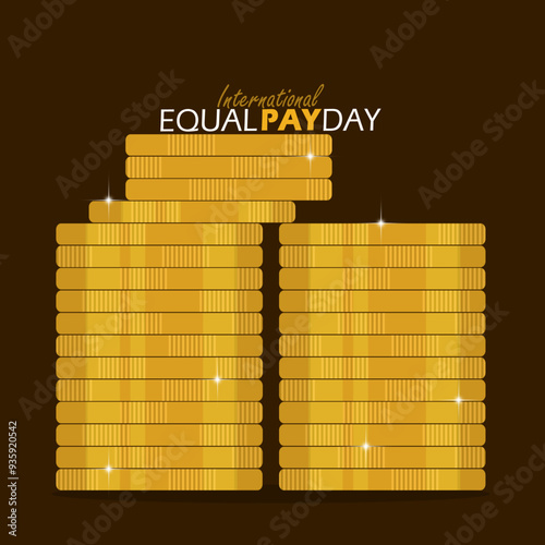 International Equal Pay Day event finance banner. Illustration of a pile of gold coins of unequal height on a dark brown background to celebrate on September 18th