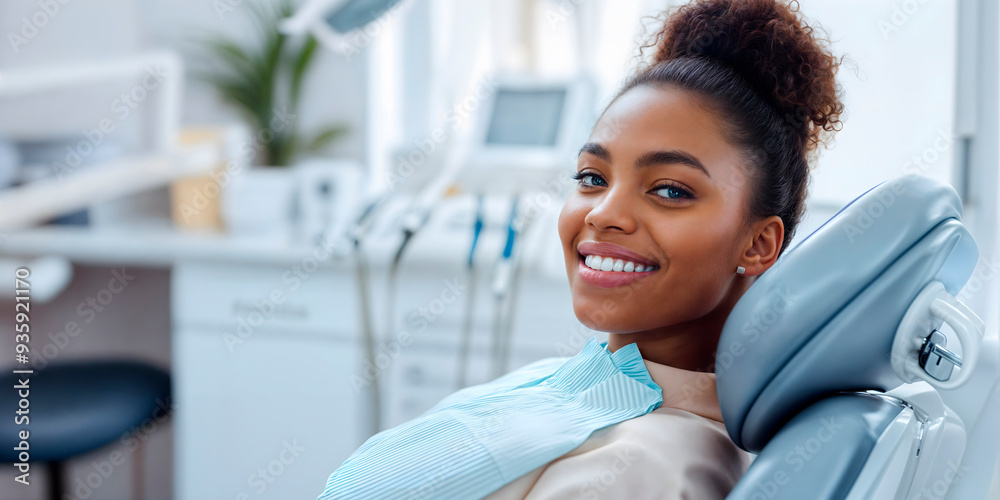 Young woman sitting in a dentist surgery receiving a check up in a modern building