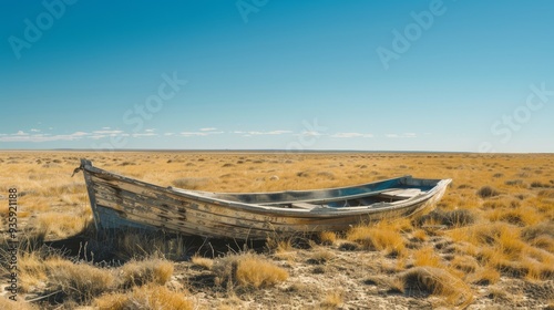 An old, weathered boat stands lonely in a vast, dry landscape under a clear blue sky, evoking a sense of abandonment and history.