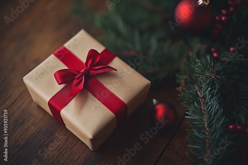 Present Wrapped in Brown Paper with Red Ribbon on Rustic Wooden Surface, Copy Space photo