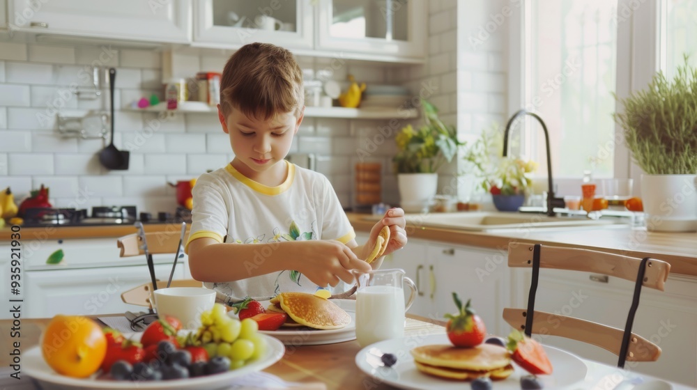 A boy enjoys preparing pancakes in a bright kitchen, surrounded by fresh fruits, creating a cozy and delightful morning atmosphere. A boy enjoys preparing pancakes in a bright kitchen, surrounded by fresh fruits, creating a cozy and delightful morning atmosphere.